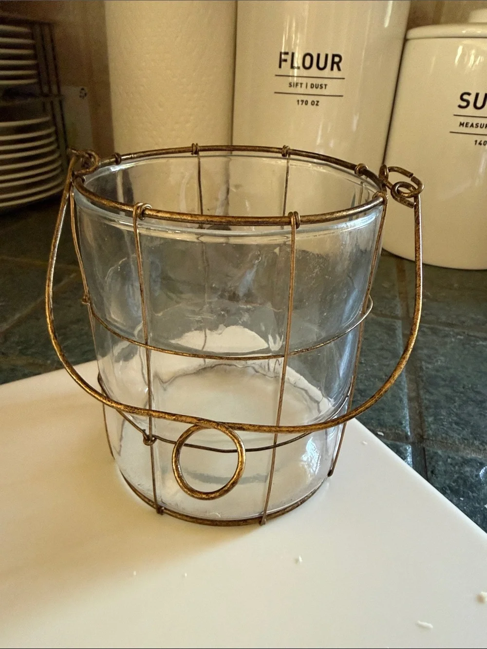 Clear Glass Lantern with Coppery Wire Cage with Handle